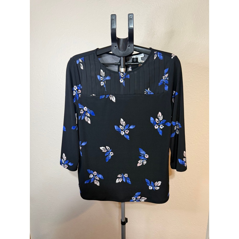 Charter Club Bright Outlook Black Floral Pleated Yoke 3/4 Sleeve Blouse Medium